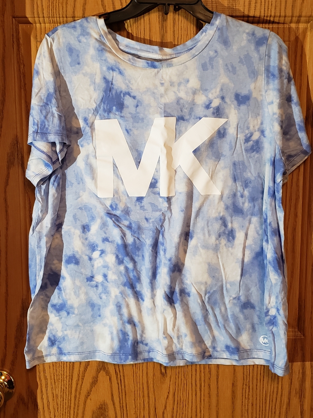Michael Kors Blue and White Tie-Dye MK Logo Short-Sleeve Tee. Xl. Cotton.